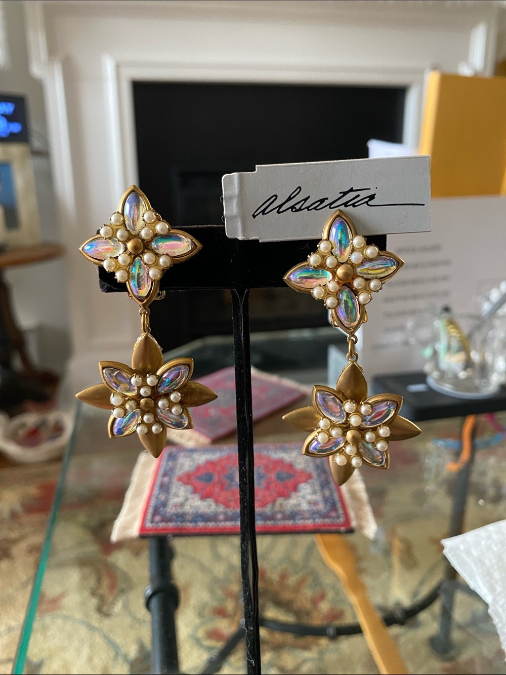 Gold-Tone Iridescent Flower Drop Earrings